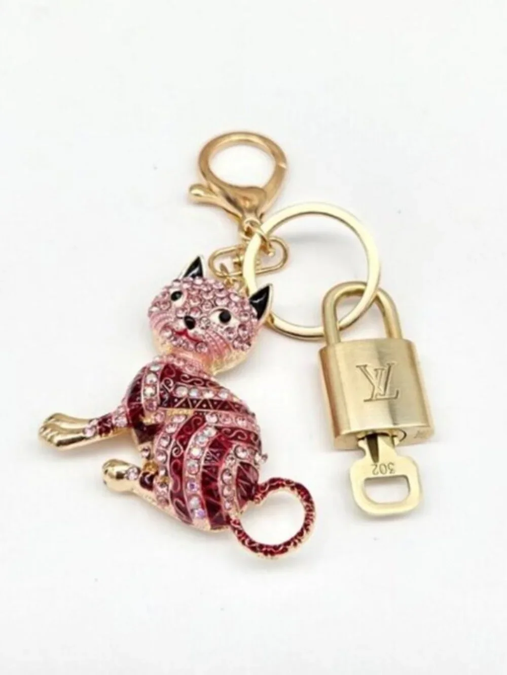 Authentic LV Gold Padlock & Key Set ✨ Luxury Bag Charm w/ Unbranded Cat Keychain